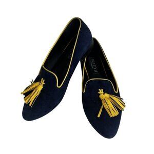 Viajiyu Parma Tassel Womens Loafers Navy Suede Yellow Trim Italian-Made Size 36